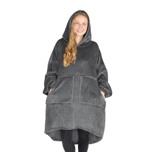 Bare Homey Adult Size Microplush Wearable Blanket, Split Front Pocket, Gray