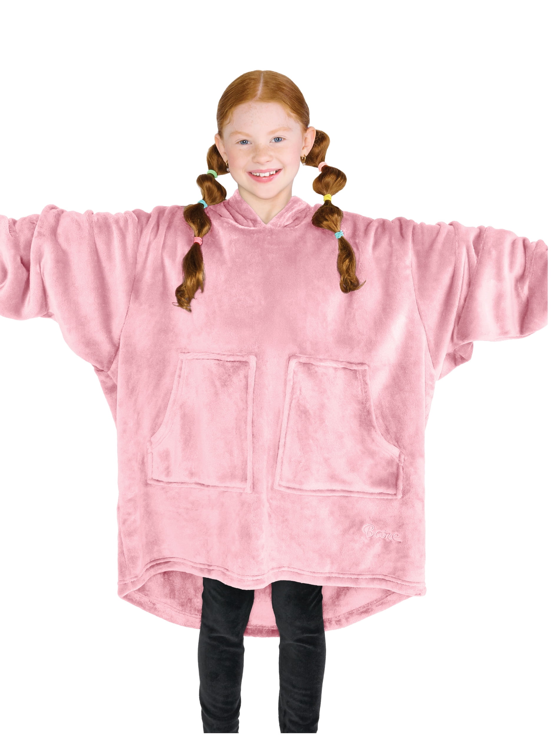 Bare Homey Kids Size Microplush Wearable Blanket, Split Front Pocket, Light Pink