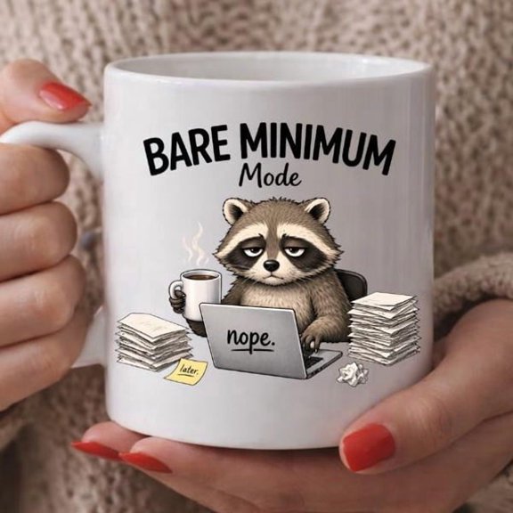 Bare Minimum Mode Raccoon Coffee Mug Funny Office Humor Mug for Coworkers, Remote Workers, and Students Relatable Cute Animal Gift for Birthdays, Christmas, and Work Anniversaries
