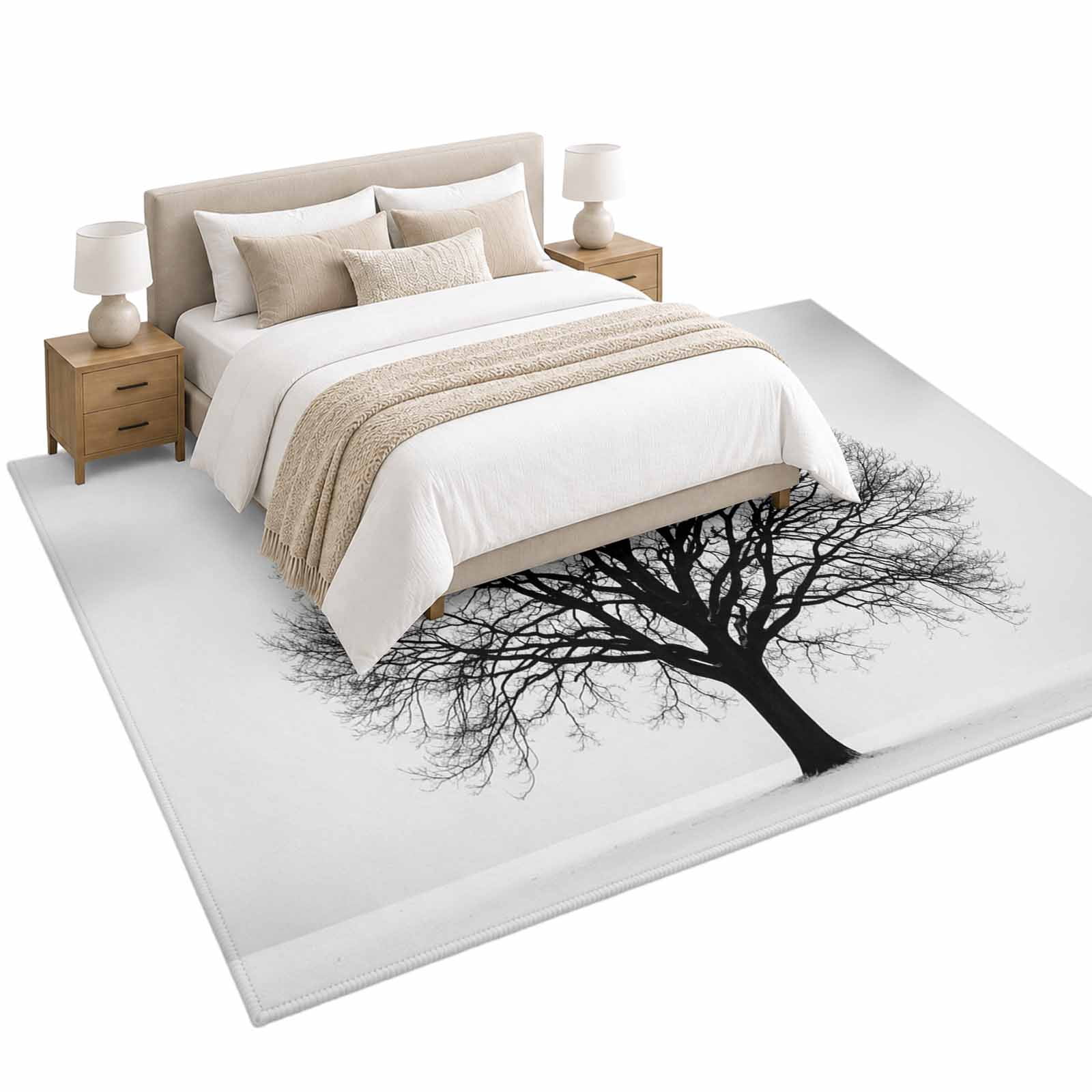 Bare Oak Tree Area Rug 5'x8', Rustic Minimalist Black White Branch ...