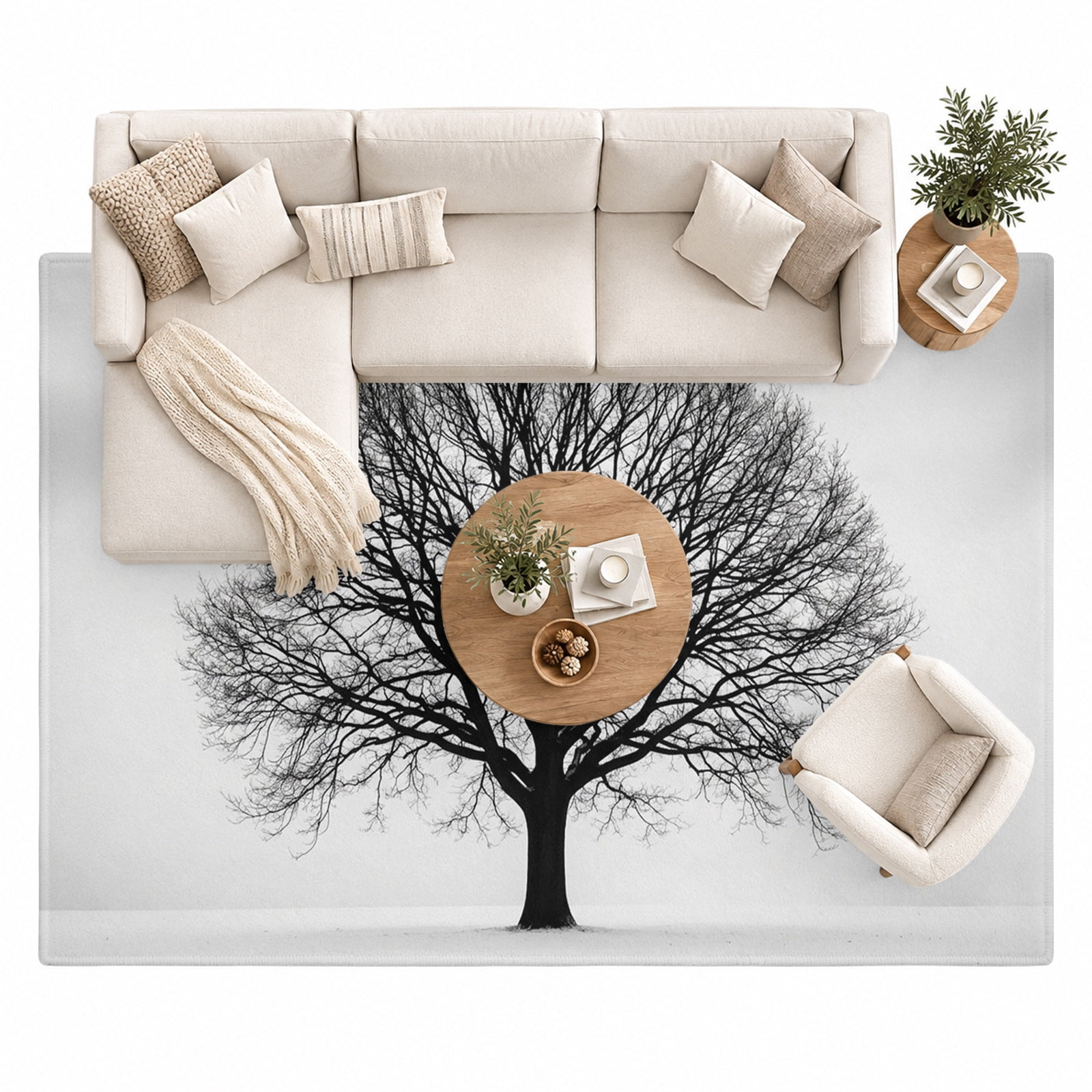 Bare Oak Tree Area Rug 8'x10', Rustic Minimalist Black White Branch ...