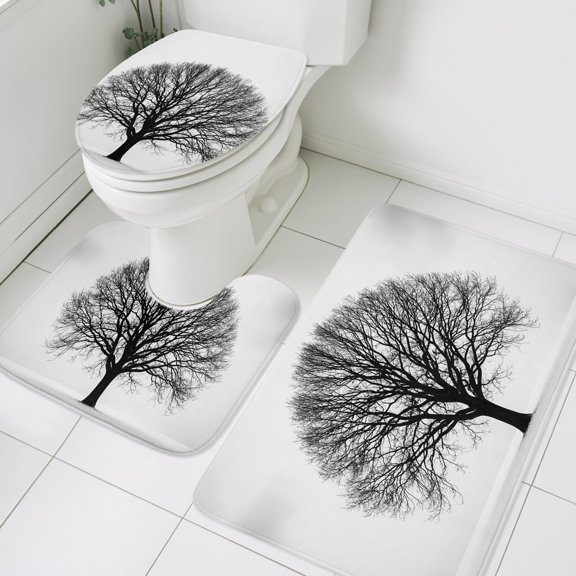 Bare Oak Tree Bathroom Rugs Set Rustic Minimalist Black White Branch Network Non Slip Absorbent Soft Bath Mats 3 Piece Set with Bathroom Rug, U-Shaped Floor Mat, Toilet Seat Cover Large Size