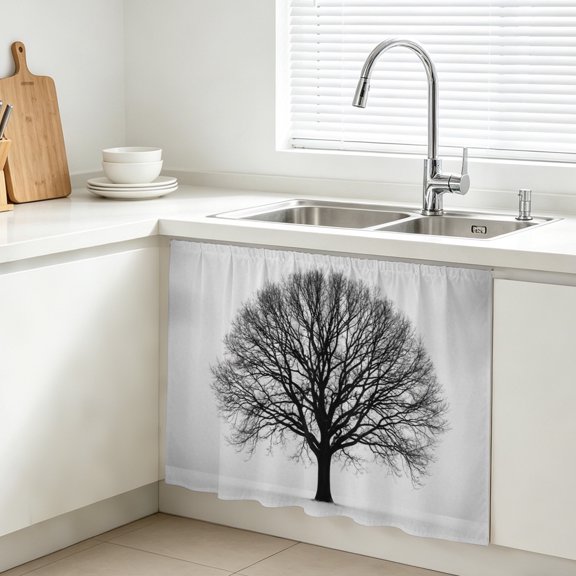 Bare Oak Tree Cabinet Curtain, Rustic Minimalist Black White Branch Network Sink Skirt for Bathroom, Under Sink shelf Curtain Privacy Drape for Kitchen Laundry Room 10x11in