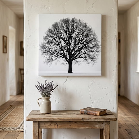 Bare Oak Tree Canvas Wall Art for Living Room Bedroom Bathroom, Rustic Minimalist Black White Branch Network Canvas Art Wall Decor, Artwork for Walls Home Office Decor, 8"x8"