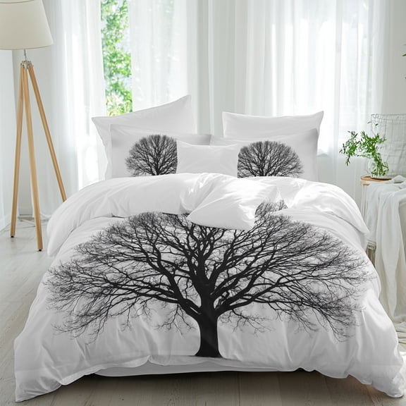 Bare Oak Tree Comforter Set King Size, Rustic Minimalist Black White Branch Network Soft Bedding Set for Man Woman, 4 Pieces Duvet Cover Set with Fitted Sheet, 2 Pillowcases