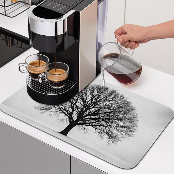 Bare Oak Tree Dish Drying Mats for Kitchen Counter, Rustic Minimalist Black White Branch Network Absorbent Coffee Bar Mat with Non-slip Rubber Backed Quick Drying Dish Rack Pad 12"x16"