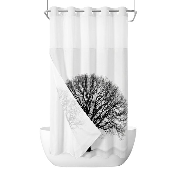 Bare Oak Tree No Hook Shower Curtain with Snap in Liner, Rustic Minimalist Black White Branch Network Waterproof Shower Curtains with See Through Top Window Liner for Bathroom, 36x78 Inches