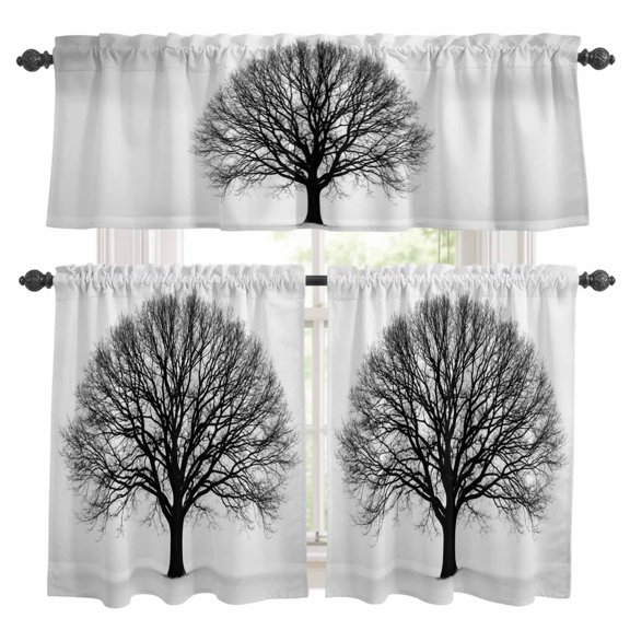 Bare Oak Tree Kitchen Curtains and Valances Set, Rustic Minimalist Black White Branch Network 3 Piece Curtains Valances and Tiers Set Rod Pocket for Kitchen Bathroom Windows 36 Inch