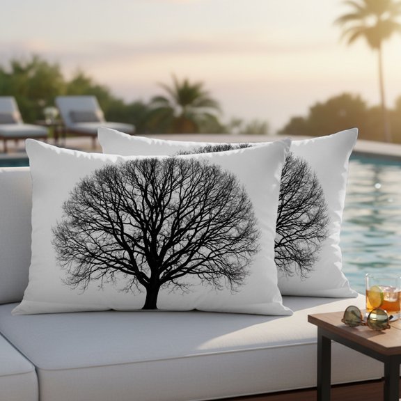 Bare Oak Tree Outdoor Throw Pillow Covers Set of 2, Rustic Minimalist Black White Branch Network Waterproof Pillow Covers Protectors with Hidden Zipper for Garden Couch Bench 20x12in