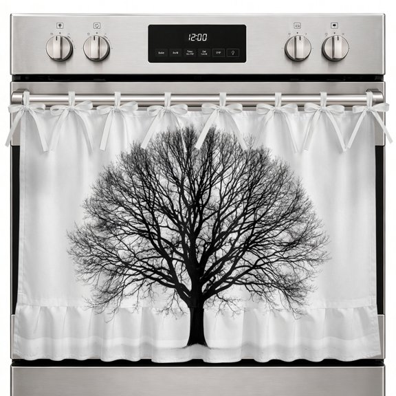 Bare Oak Tree Oven Skirt Curtain, 27x20 Inch Rustic Minimalist Black White Branch Network Kitchen Tie Top Oven Curtain for Door, Decorative Stove Skirt Dishwasher Cover With Ribbon Ties