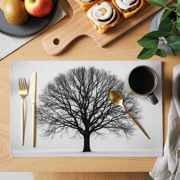 Bare Oak Tree Placemats Set of 2, Rustic Minimalist Black White Branch Network Heat Insulated Linen Place Mats, Washable Stain-Proof Table Mats for Dining Tables Holiday Decor 13x19 Inches
