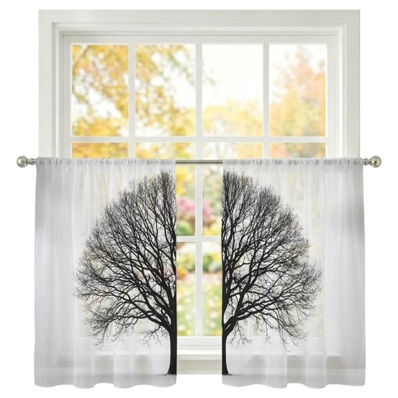 Bare Oak Tree Sheer Curtains 45 Inches Long 2 Panels, Rustic Minimalist Black White Branch Network Semi Sheer Rod Pocket Window Curtains Light Filtering Drapes for Living Room Bedroom