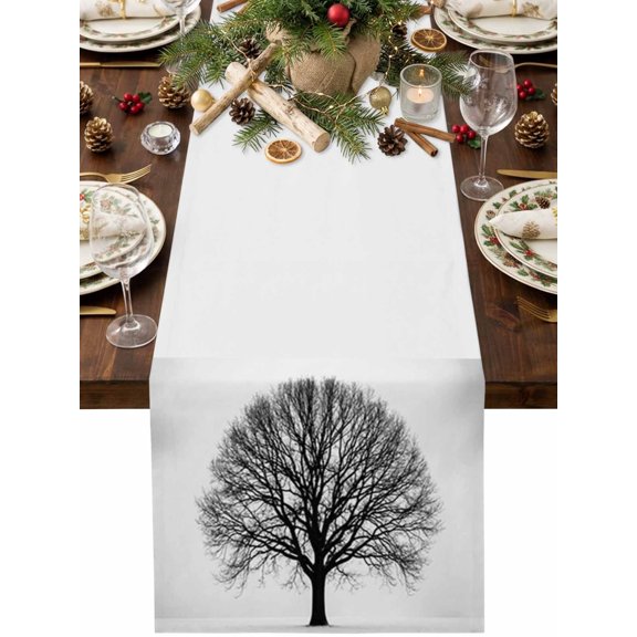 Bare Oak Tree Table Runner 36 Inches Long, Rustic Minimalist Black White Branch Network Cotton Linen Dining Table Runner Dresser Scarves for Home Kitchen Party Decor 13"x36"