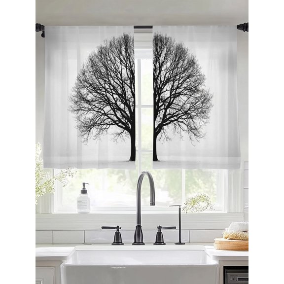 Bare Oak Tree Window Sheer Curtain Rustic Minimalist Black White Branch Network Semi Curtain Sheers Light Filtering Rod Pocket Voile Drapes for Bedroom Kitchen Living Room 52 X 45 Inch, 2 Panels