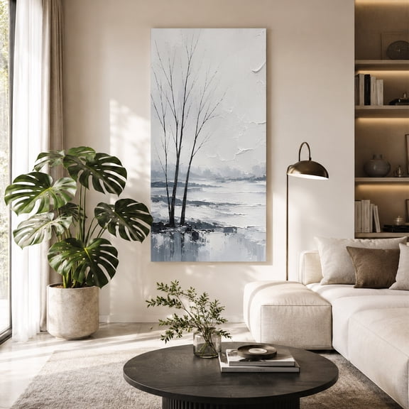 Bare Trees Canvas Wall Art, Rustic Mountains Lake Reflection Gray Landscape Framed Canvas Wall Decor Picture Print Artwork Decorations for Living Room Office Ready to Hang 48" x 24"