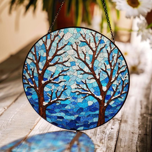 Bare Trees Over Blue Mosaic Forest Round Window Suncatcher Nature Art Gift For Nature Lover, Suncatcher Window Hanging, 3.5 in