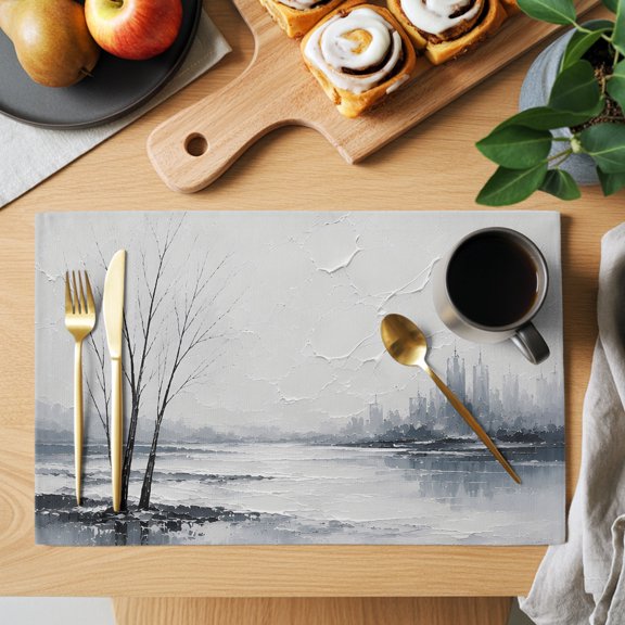 Bare Trees Placemats Set of 1 Rustic Mountains Lake Reflection Gray Landscape Heat Insulation Washable Place Mats, Non-Slip Table Mats for Dining Table Party Kitchen Decor, 13x19 Inch