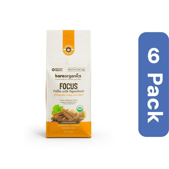 BareOrganics Coffee Ground Focus Blend 10 oz (Pack of 6)