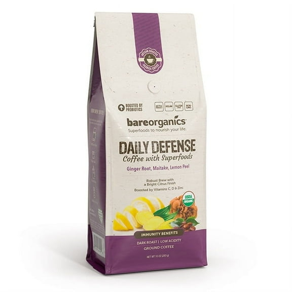 BareOrganics Daily Defense Coffee With Superfoods, Ground, Dark Roast, 10 oz