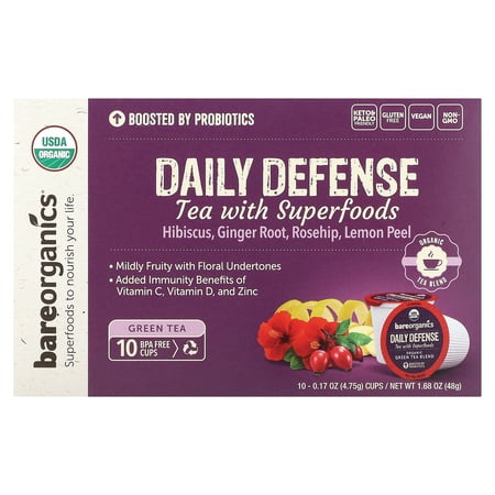 BareOrganics Daily Defense, Tea with Superfoods, Green Tea, 10 Cups, 0.17 oz (4.75 g) Each