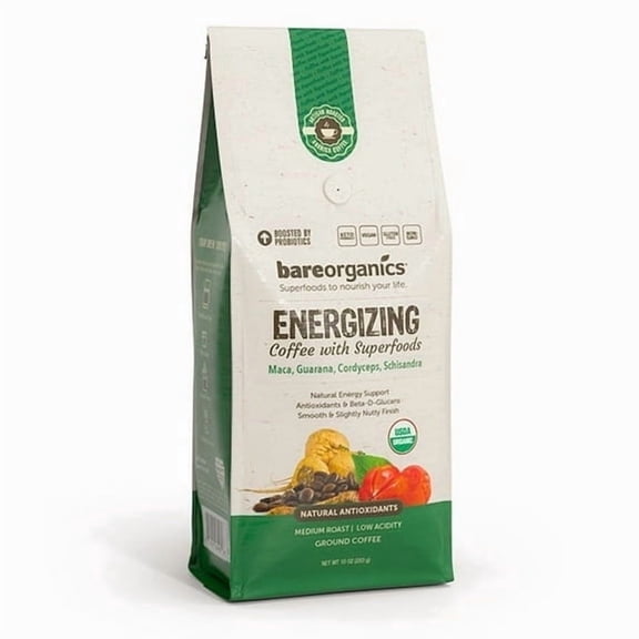 BareOrganics Energizing Coffee With Superfoods, Ground, Medium Roast, 10 oz