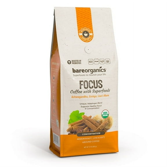 BareOrganics Focus Coffee With Superfoods, Ground, Medium Roast, 10 oz