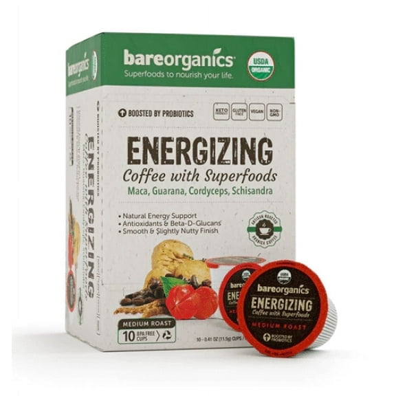 BareOrganics Functional Single Serve Coffee Energizing -- 10 K-Cups pack of 3