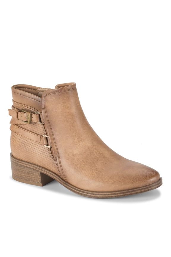 Womens Beige Buckle Ankle Strap Accent Lightweight Flexible Cushioned Goring Mackenzie Almond Toe Stacked Heel Zip-Up Booties 5.5 M