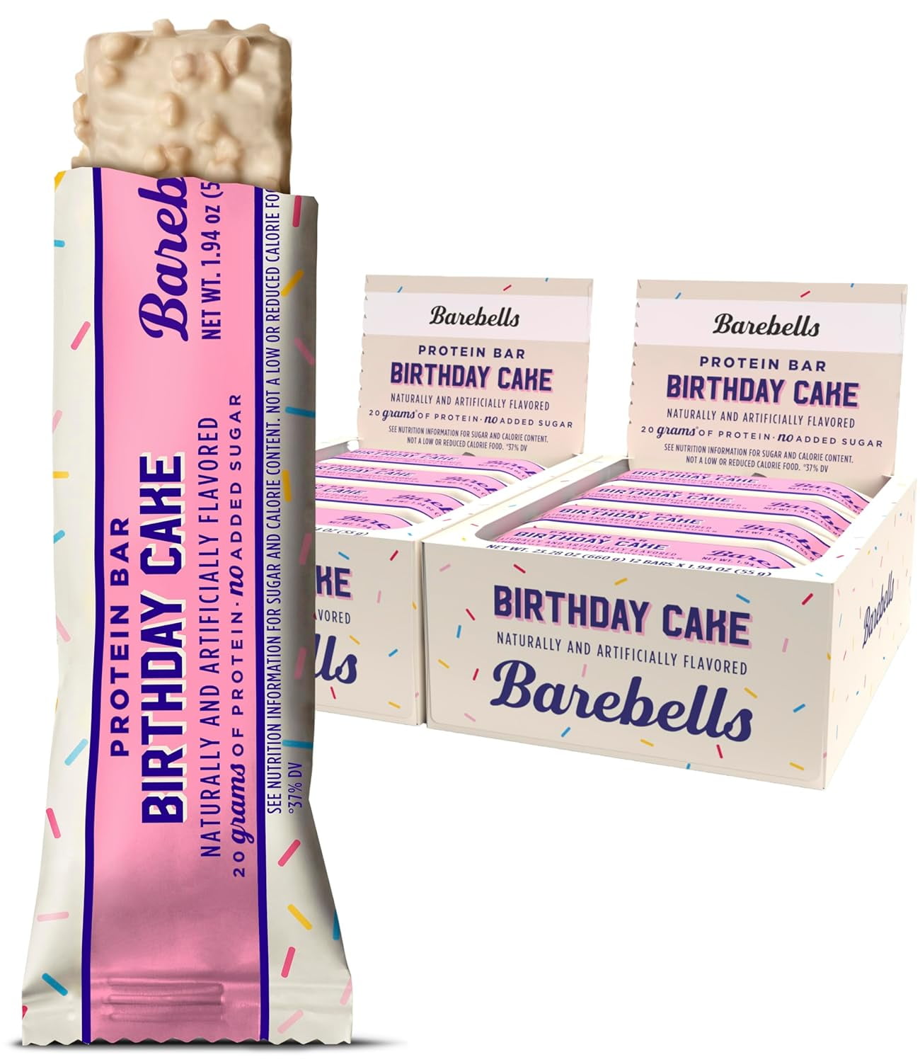 Barebells Protein Bar, Birthday Cake Flavor, 20g Protein, No Added Sugar, 1.94 oz Bars, 12 Pack