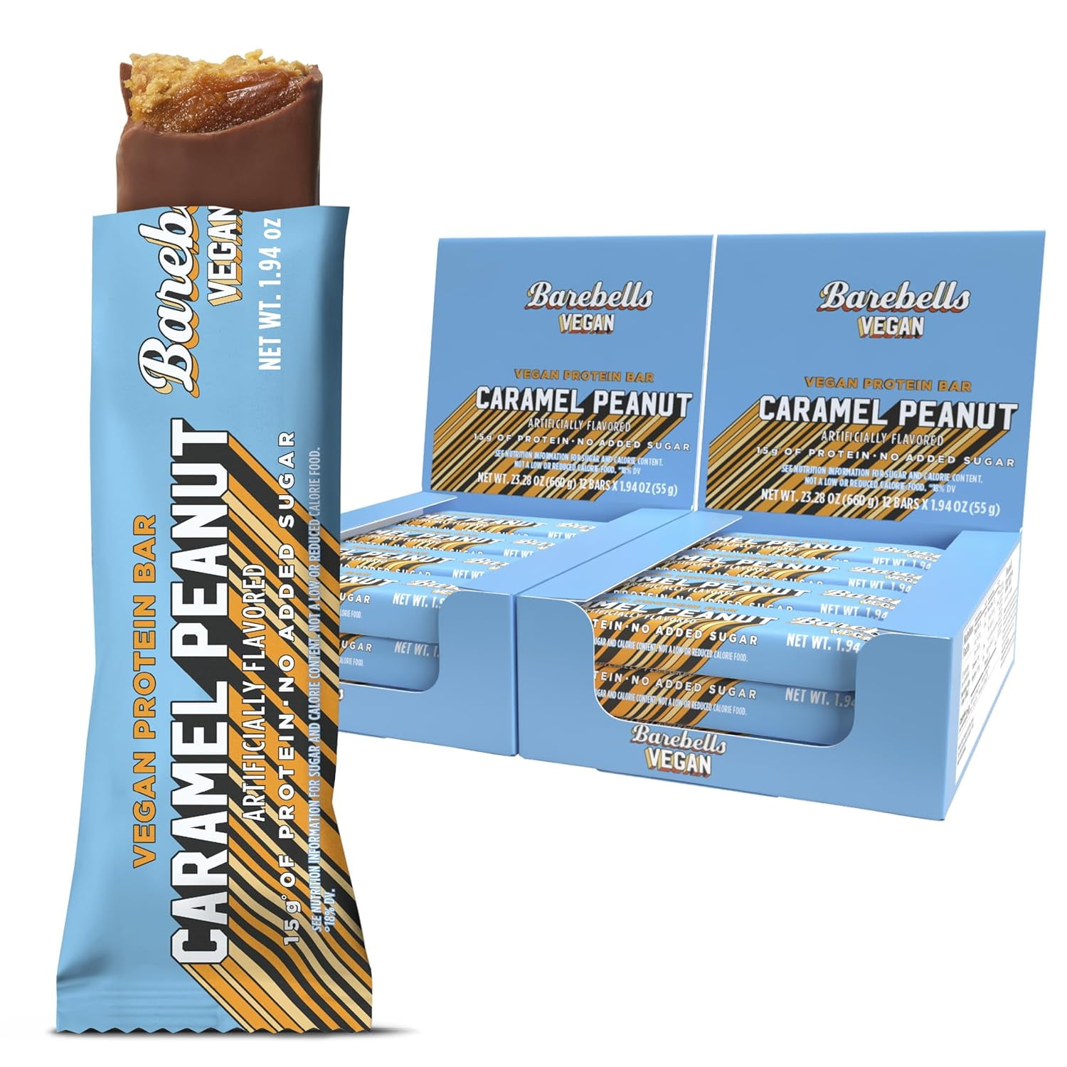 Barebells Plant-Based Protein Bars, Peanut Caramel  24 Bars (2 x 12)  15g Vegan Protein, Just 1g Sugar  Chocolate-Coated Snack for On-the-Go, Post-Workout, or Breakfast.