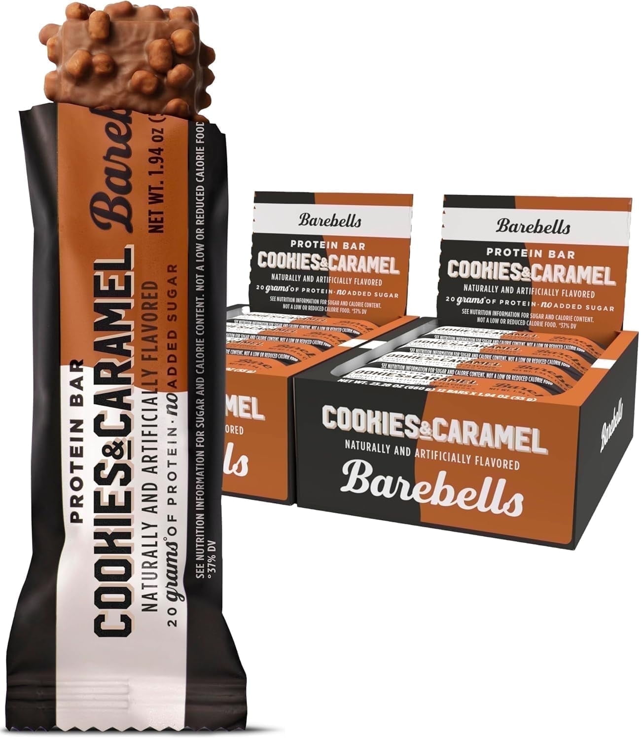 Barebells Protein Bars Cookies and Caramel - 12 Count (Pack of 2), 1.9oz Bars - Nutritional Snacks with 20g of High Protein - Chocolate Treat with 2g of Total Sugars - Breakfast Bars