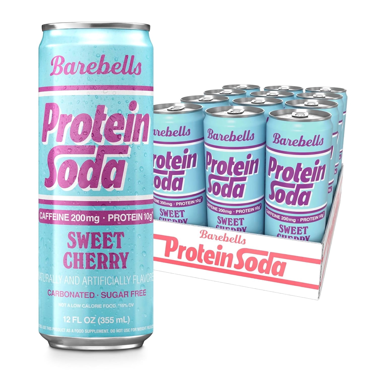 Barebells Protein Soda Sweet Cherry Sugar Free 10g Protein 200mg Caffeine B Vitamins Sparkling Energy Drink Ready to Drink 12 Fl Oz