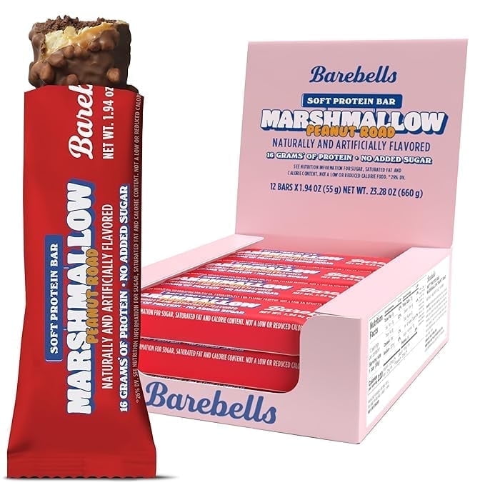 Barebells Soft Protein Bars Marshmallow Peanut Road - 12 Count, 1.9oz Bars - Nutritional Snacks with 16g of High Protein - Fluffy Chocolate Treat with 2g of Total Sugars - Breakfast Bars