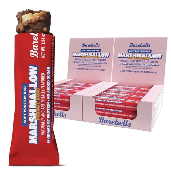 Barebells Soft Protein Bars Marshmallow Peanut Road - 12 Count (Pack of 2), 1.9oz Bars - Nutritional Snacks with 16g of High Protein - Fluffy Chocolate Treat with 2g of Total Sugars - Breakfast Bars