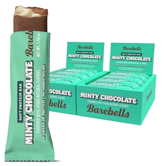 Barebells Soft Protein Bars Minty Chocolate - 24 Bars (2 Packs of 12) -16g High Protein Treats - Chocolate Nutrition Bar with 1g Total Sugars - On The Go Breakfast or Post-Workout Snack