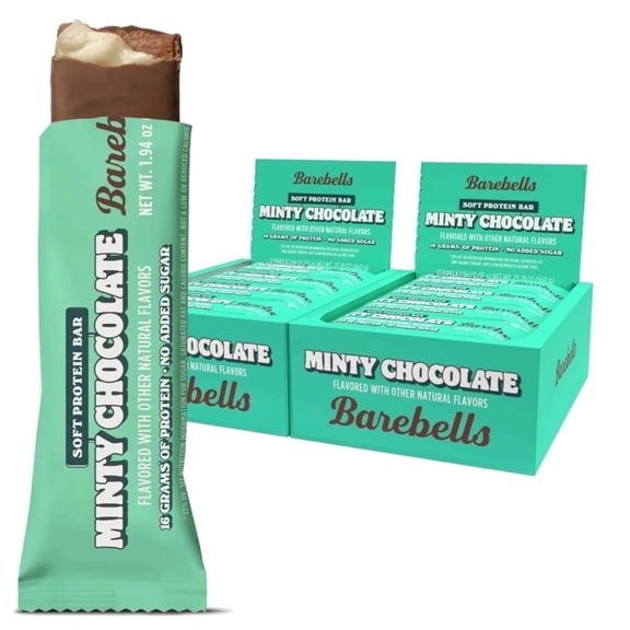 Barebells Soft Protein Bars Minty Chocolate - 24 Bars (2 Packs of 12) -16g High Protein Treats - Chocolate Nutrition Bar with 1g Total Sugars - On The Go Breakfast or Post-Workout Snack