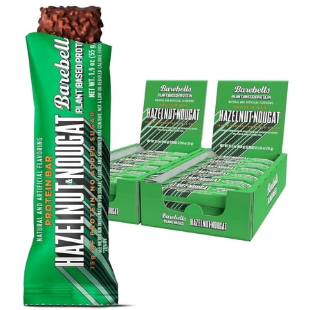 Barebells Vegan Protein Bars Hazelnut & Nougat - 12 Count, Pack of 2 - Plant Based Protein Bar with 15g of High Protein - Chocolate Protein Snacks with 1g of Total Sugars - On The Go Breakfast Bars