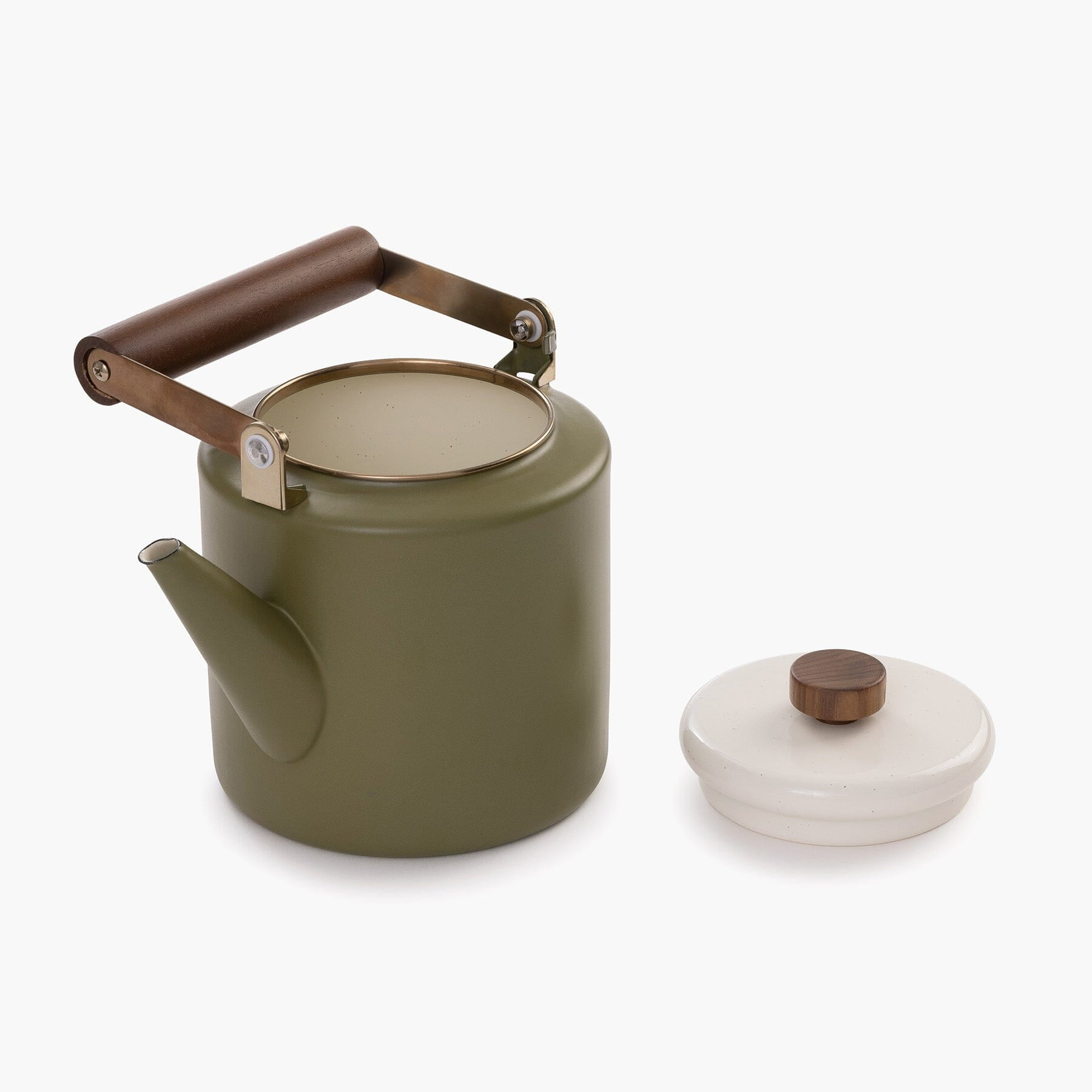Olive Drab Enamel Kettle with Walnut Handle and Steel Lid