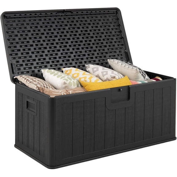 BarefHaven 100 Gallon Outdoor Storage Box, Resin Outdoor Storage Bench with Lockable Lid, Waterproof Deck Box for Garden Tools, Pool Accessories, Cushions