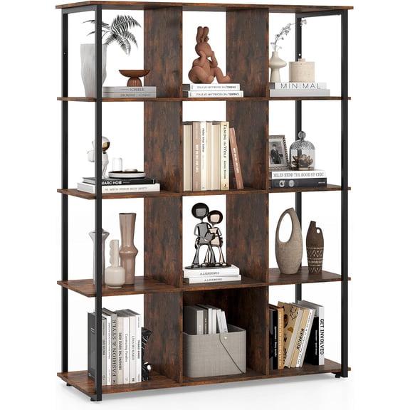 BarefHaven 12-Cube Bookcase, Industrial Freestanding Bookshelf with Metal Frame & 2 Anti-toppling Devices, 5-Tier Open Display Rack Storage Shelf for Living Room, Study, 42 x 16 x 57 Inch