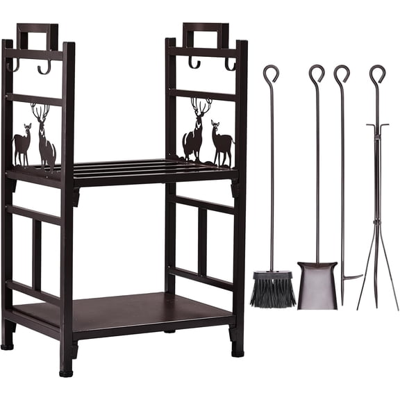 BarefHaven 2 Tier Firewood Log Rack, Iron Lumber Storage Holder, Wood Pile Stacker Organizer for Indoor Outdoor Fireplace Fire Stove Pit With 4 Fire Tools Hanging Hooks Christmas Elements Brown