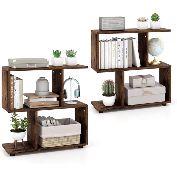BarefHaven 2 Tier Geometric Bookshelf, Freestanding Wood Display Shelf, Home Office Room Divider S Shaped Open Bookcase, Small Bookshelf for Small Spaces, Living Room, Study (Coffee, 2)