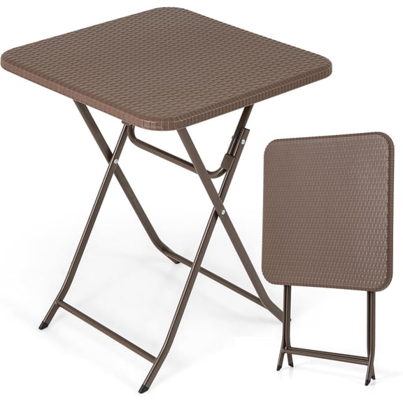BarefHaven 23.5" Square Folding Table, Indoor Outdoor Foldable Plastic Table with Rattan Textured HDPE Tabletop, Sturdy Metal Fame, Carrying Handle, 4 Person Picnic Table for Camping BBQ Party