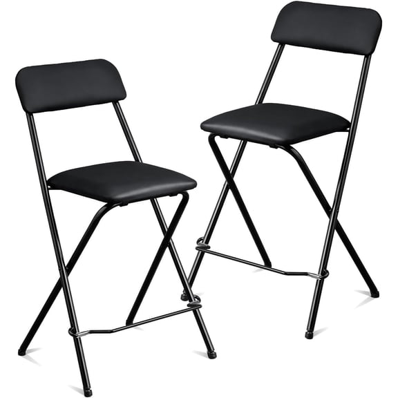 BarefHaven 29.5 Inch Folding Bar Stool with Backrest, PU Padded Tall Bar Stool, Black, 2 Pack