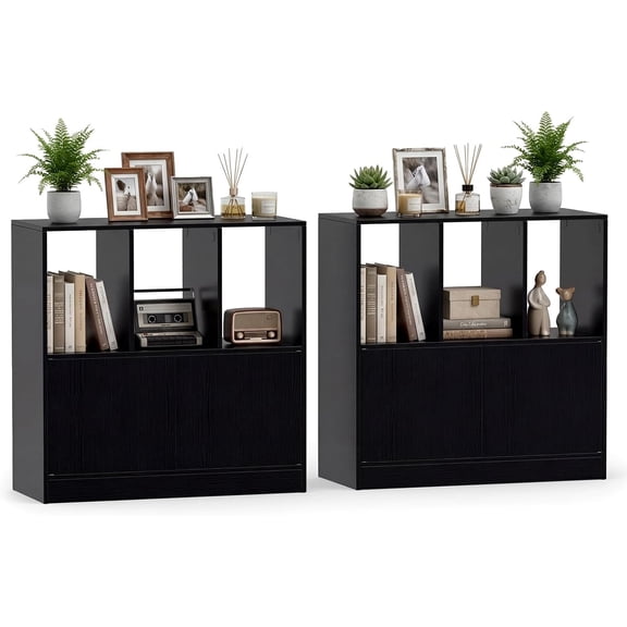 BarefHaven 3-Cube Bookcase, 3-Tier Bookshelf with Cabinet, Modern Book Shelf for Small Space, Open Storage Organizer Unit for Study Home Office Living Room (2,Black)