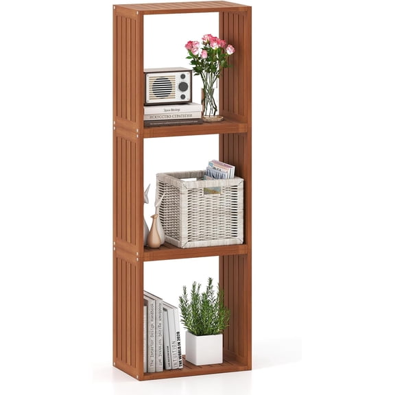 BarefHaven 3 Cube Storage Organizers, Stackable Bookcase Shelves for Small Spaces, Solid Wood Open Cube Bookshelf, Freestanding Display Rack Units for Living Room, Study, Bedroom & Office (1, Teak)