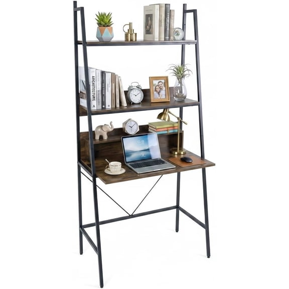 BarefHaven 3-Tier Ladder Computer Desk, 71 Inch Modern Writing Desk with Storage Shelves, PC Laptop Workstation, Ladder Bookcase Stand Shelf with Metal Frame, Study Shelf Desk for Home Office (Brown)