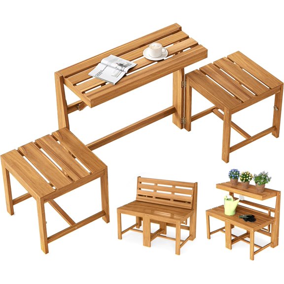 BarefHaven 3-in-1 Convertible Bench Bar Table, Space-Saving Patio Convert A Bench with Balcony Plant Rack Design, Outdoor Folding Table and Chairs Set for Garden Porch & Backyard