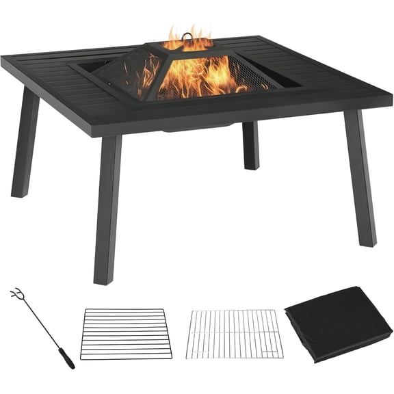 BarefHaven 34" Fire Pit with Grill, Metal Outdoor Wood Burning Firepit with Spark Screen, Fire Poker, Cover, Table Lip, Black