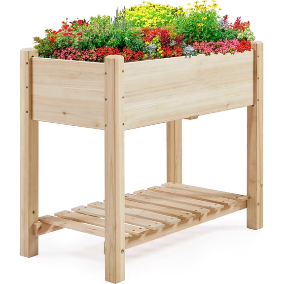 BarefHaven 34" Raised Garden Bed with Legs, Wooden Planter Box, 1Pcs | Elevated wooden planter with sturdy fir wood frame & storage shelf.Saves back & knees.Drainage holes protect plants.